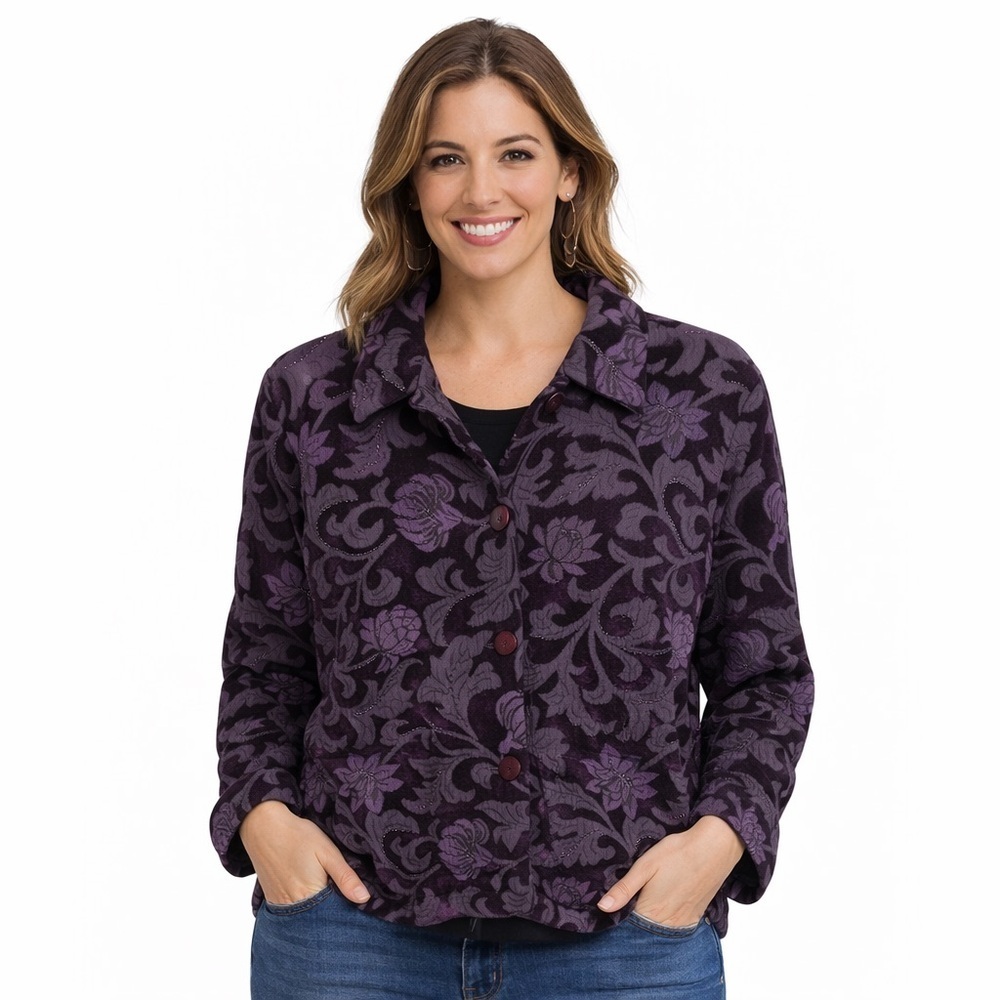 Coldwater Creek purple floral jacquard blazer jacket.